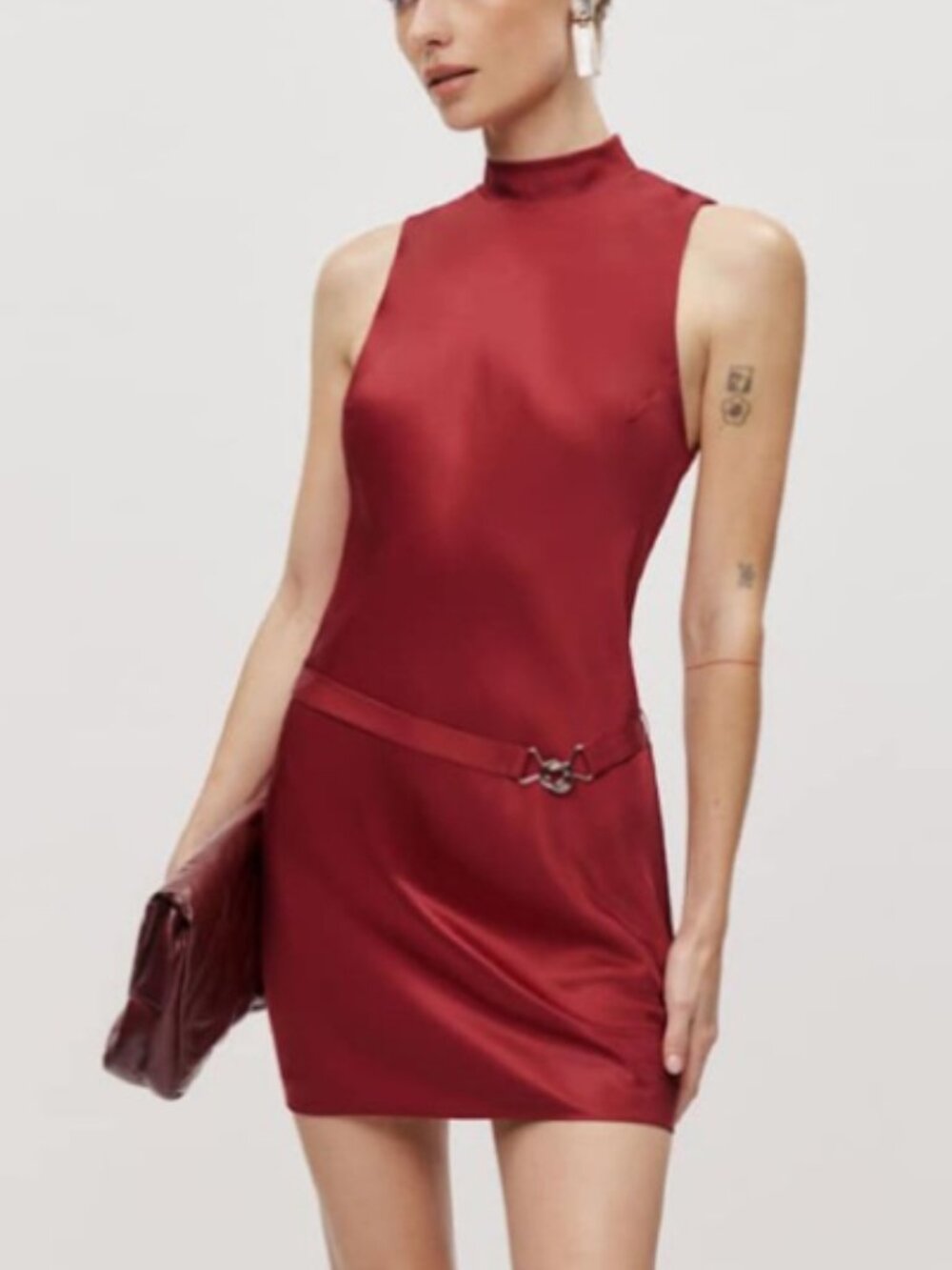 NWT REFORMATION Rubia Satin Mini Dress Size 4 Red Belted Mock Neck